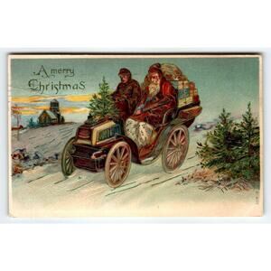 Santa Claus Christmas Postcard Jalopy Car Automobile Old World 1907 Church Snow